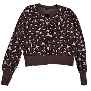 Express Leopard Print Cardigan Women Medium Brown Beaded Bows Animal Sweater
